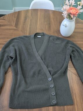 V-Neck Olive Green Ribbed Button Wrap Sweater